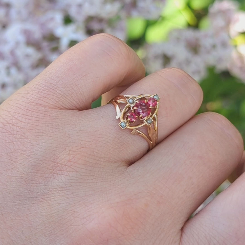 VICTORIAN RUBY SEED PEARL RING 14k YELLOW GOLD COCKTAIL ANTIQUE NAVETTE ESTATE