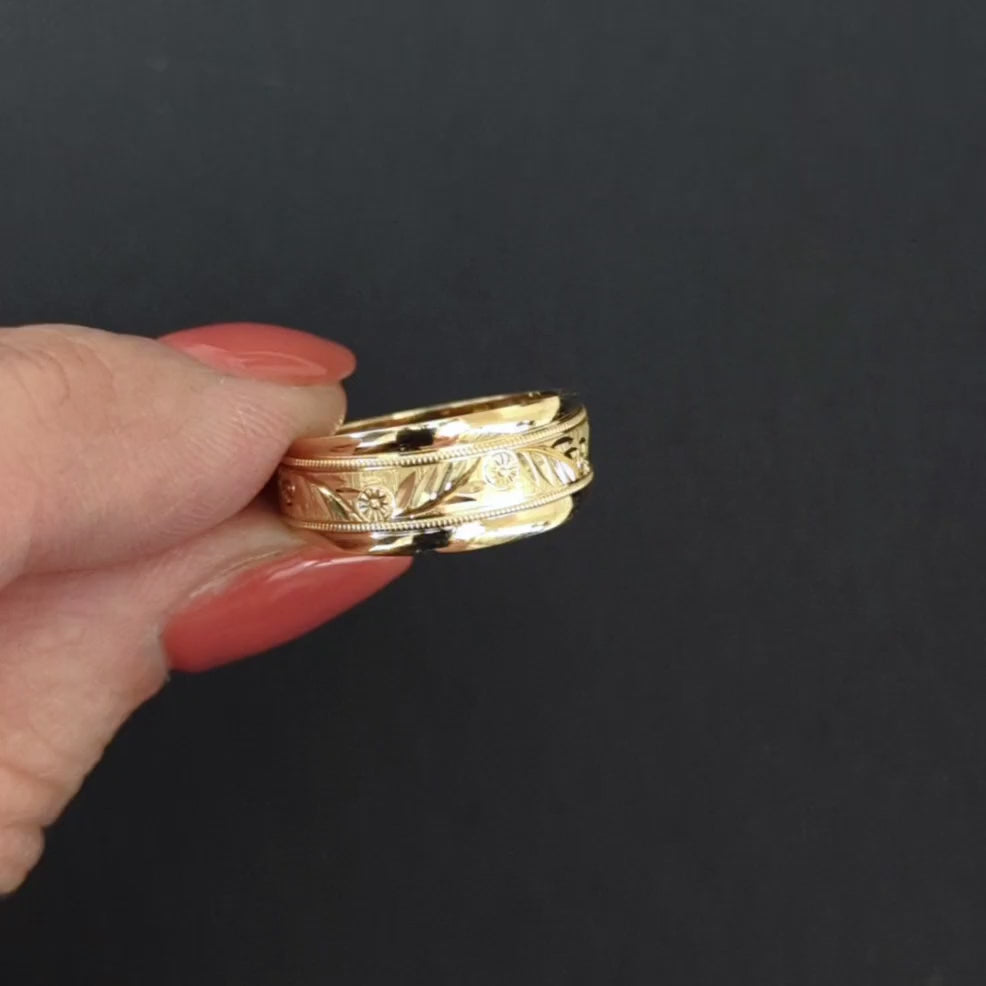 VINTAGE 14k YELLOW GOLD RING WIDE BAND FLORAL ENGRAVED BRUSH FINISH ESTATE