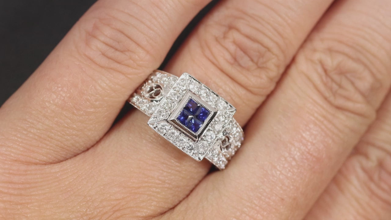 SAPPHIRE DIAMOND COCKTAIL RING 6.9 gram18k WHITE GOLD CLUSTER HALO NATURAL BIG