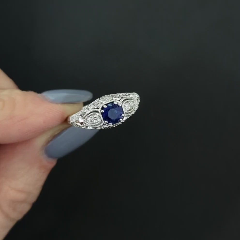 SAPPHIRE DIAMOND VINTAGE STYLE RING ENGAGEMENT 14k WHITE GOLD NATURAL FILIGREE