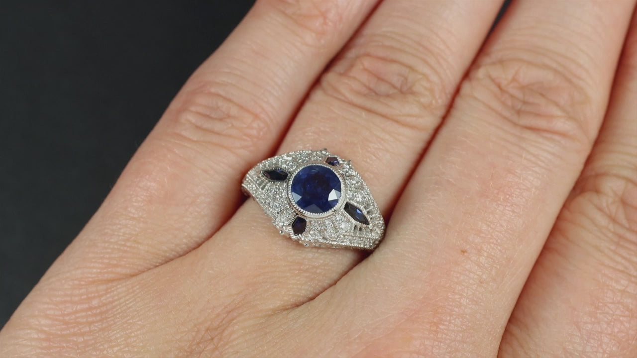 1.04ct BLUE SAPPHIRE DIAMOND ENGAGEMENT RING VINTAGE STYLE ROUND DOME 14k GOLD