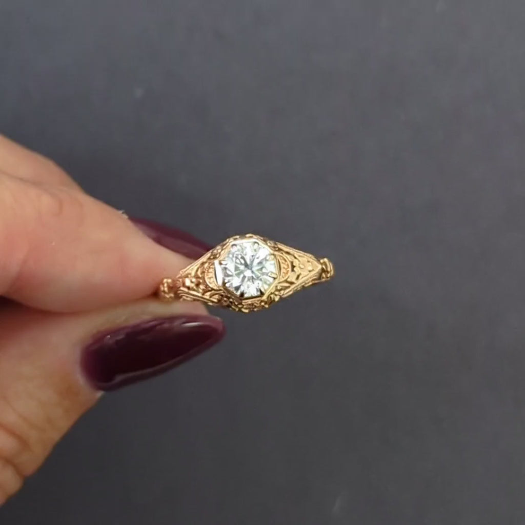 VINTAGE STYLE DIAMOND SOLITAIRE RING 0.80ct ROSE GOLD FILIGREE FLORAL ENGAGEMENT