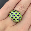 VINTAGE ENAMEL 14k YELLOW GOLD RING 10.8gm BIG DOMED GREEN BLUE WOVEN ESTATE