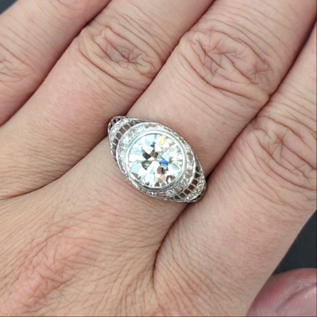3.06ct GIA CERTIFIED OLD EUROPEAN CUT DIAMOND ENGAGEMENT RING VINTAGE PLATINUM