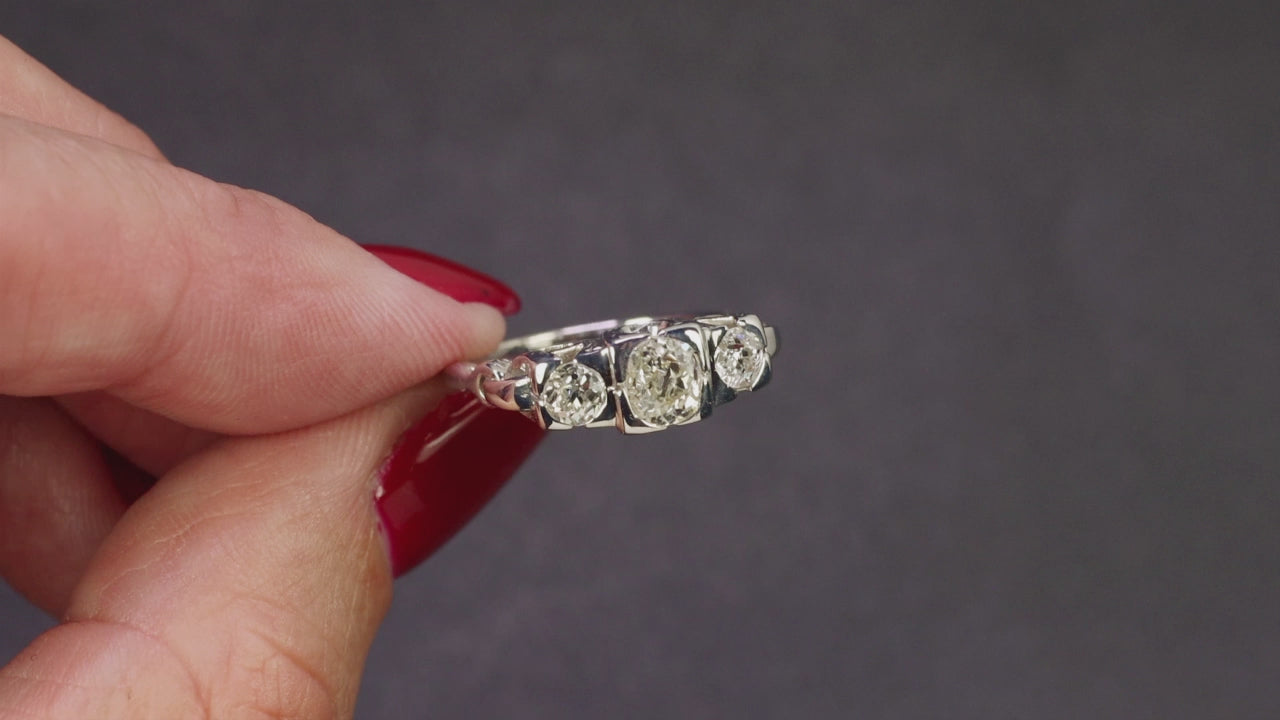 1 CARAT VINTAGE OLD MINE CUT DIAMOND ENGAGEMENT RING 3 STONE 14k WHITE GOLD 1ct
