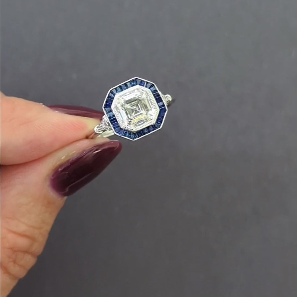 2ct LAB CREATED DIAMOND SAPPHIRE RING ASSCHER CUT VINTAGE STYLE 14k WHITE GOLD