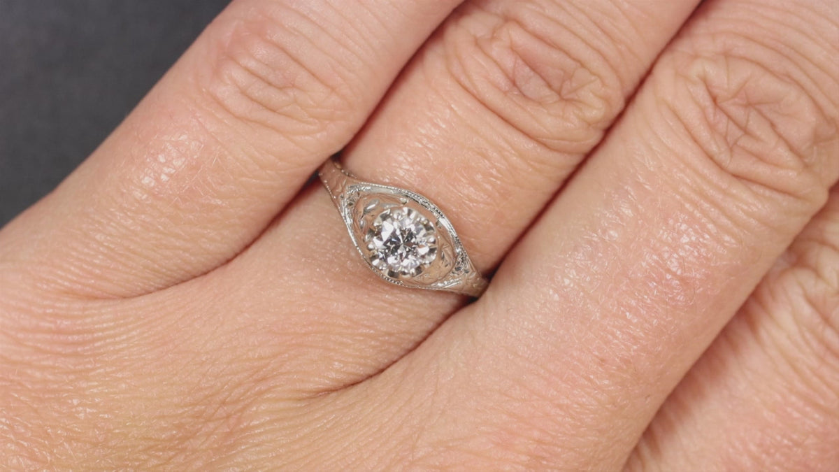 0.40ct VINTAGE DIAMOND ENGAGEMENT RING OLD EUROPEAN CUT FILIGREE 18k WHITE GOLD