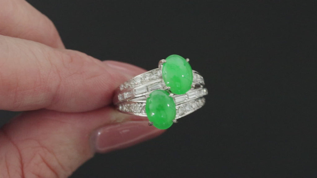 VINTAGE JADE DIAMOND COCKTAIL RING 14k WHITE GOLD NATURAL WIDE BYPASS ESTATE