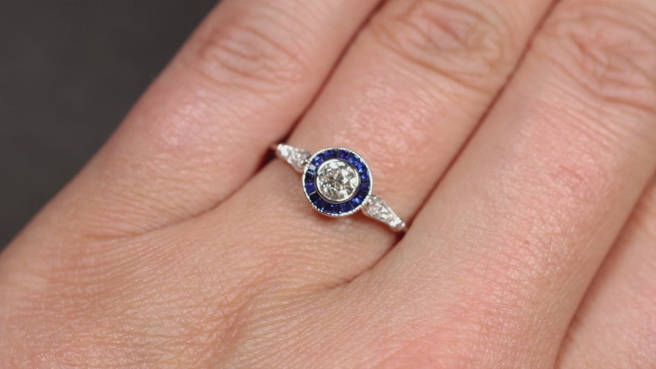 OLD EUROPEAN CUT DIAMOND SAPPHIRE ENGAGEMENT RING I SI1 VINTAGE STYLE ART DECO