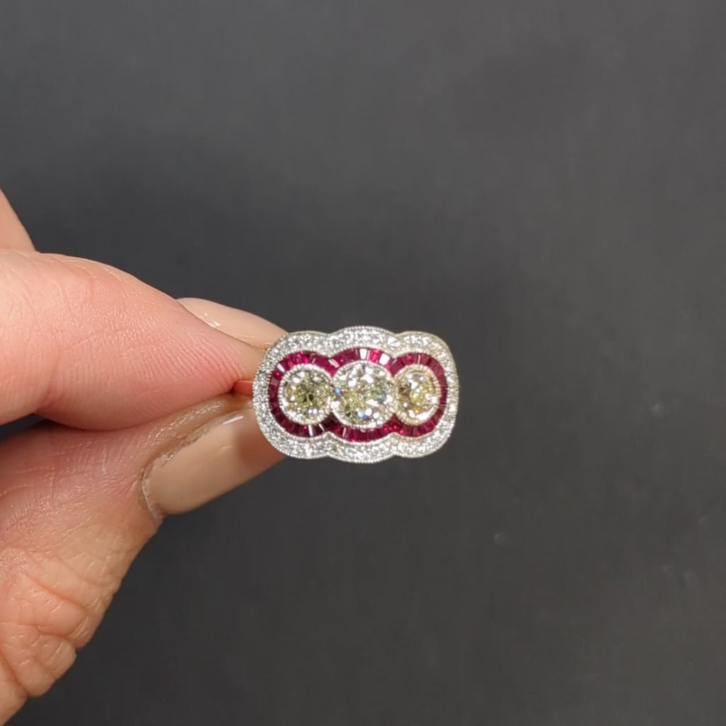 1.83c OLD EUROPEAN CUT DIAMOND RUBY RING VINTAGE STYLE THREE STONE HALO ART DECO