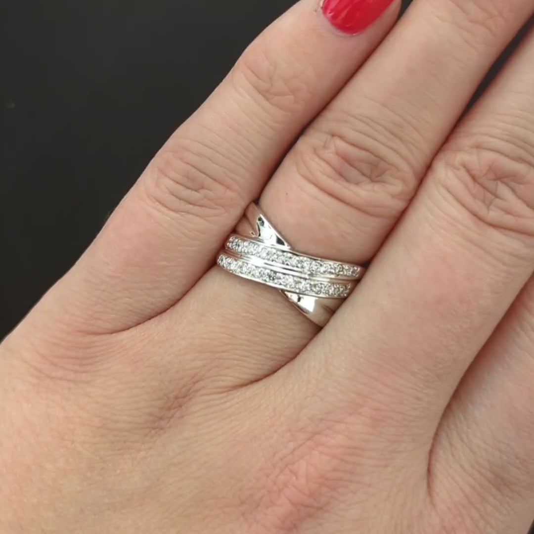 DIAMOND COCKTAIL RING CRISS CROSS WIDE BAND NATURAL BIG 14k WHITE GOLD GIFT