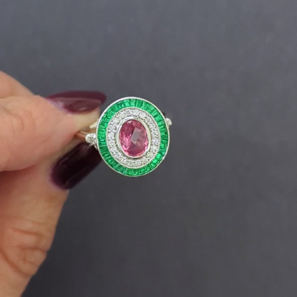 PINK SAPPHIRE DIAMOND EMERALD COCKTAIL RING DOUBLE HALO NATURAL 14k WHITE GOLD