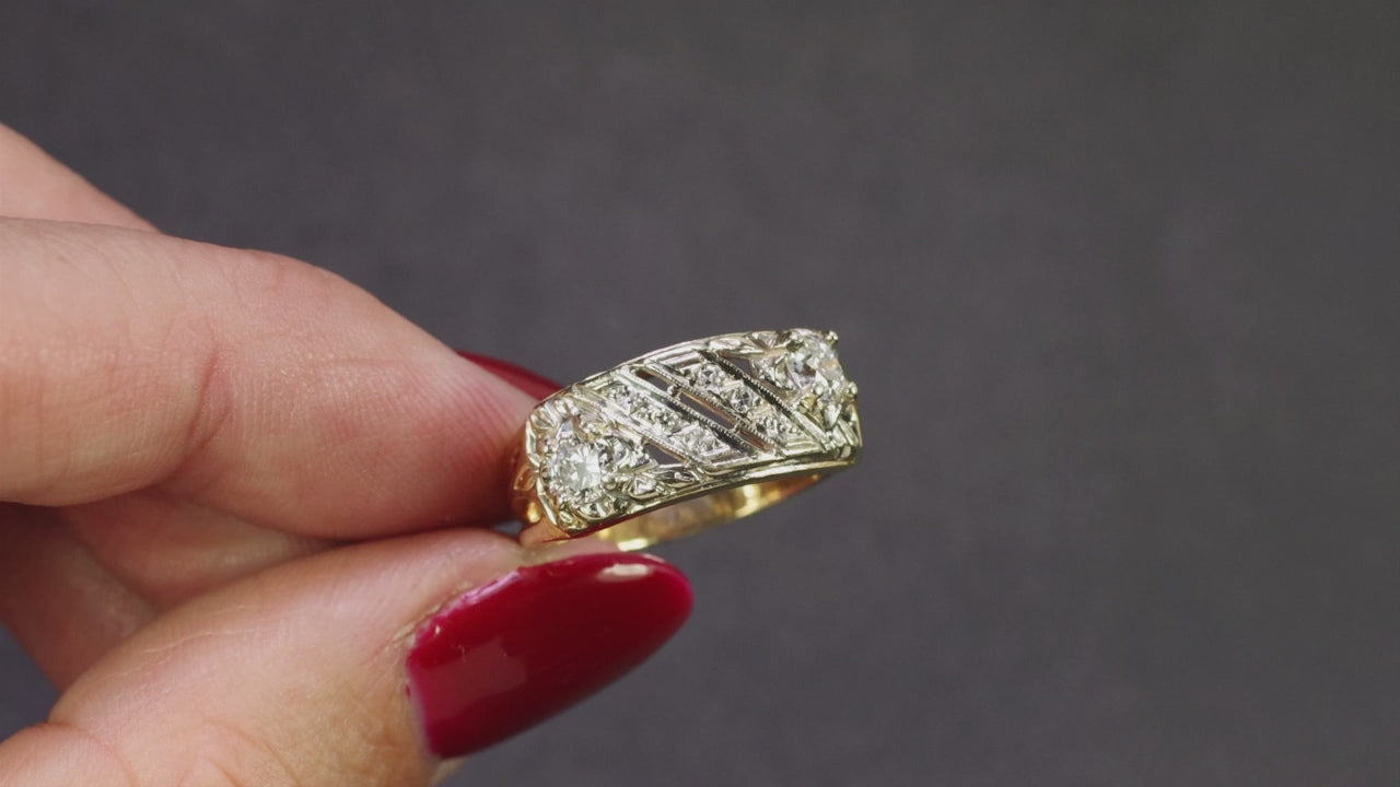 VINTAGE DIAMOND COCKTAIL RING OLD CUT F-G VS WIDE BAND 14k YELLOW GOLD NATURAL