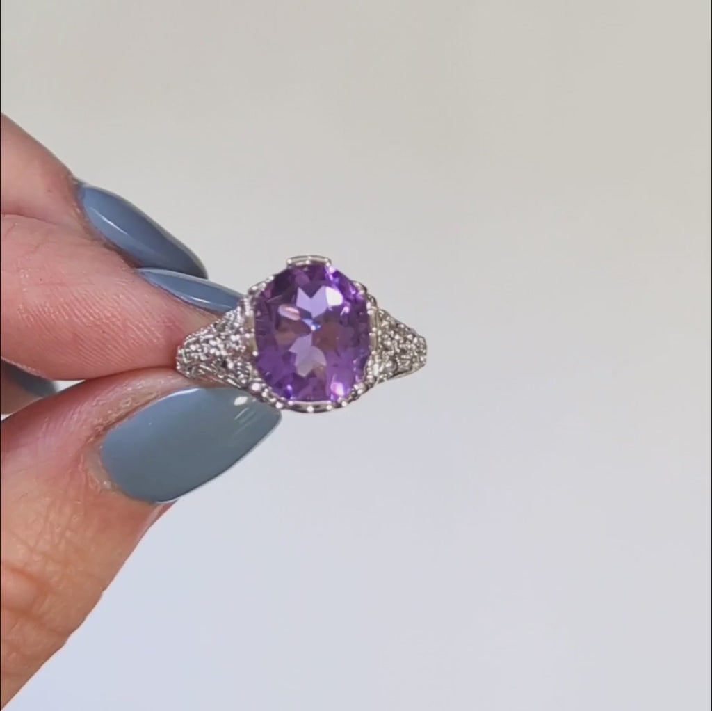 AMETHYST STERLING SILVER VINTAGE STYLE RING ART DECO OVAL SHAPE PURPLE SOLITAIRE