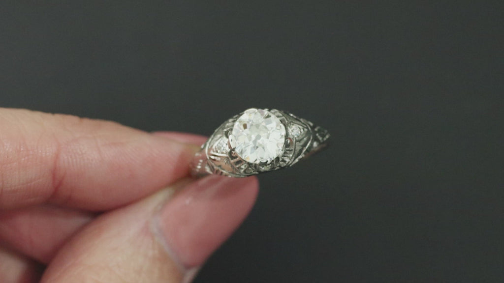 1918 ANTIQUE 1.15ct DIAMOND ENGAGEMENT RING OLD EUROPEAN CUT PLATINUM FILIGREE