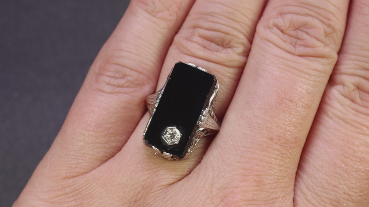 VINTAGE DIAMOND BLACK ONYX RING 14k WHITE GOLD FILIGREE NAVETTE ART DECO OLD CUT
