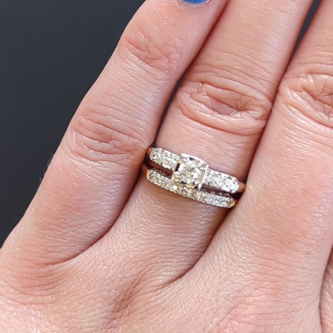 VINTAGE DIAMOND WEDDING BAND STACKING RING RETRO 14k TWO TONE YELLOW WHITE GOLD
