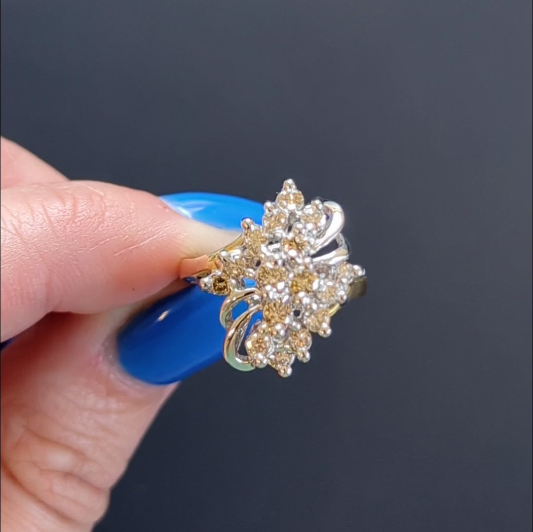 ESTATE DIAMOND COCKTAIL RING FANCY CHAMPAGNE TWO TONE 14k GOLD BIG SWIRL DINNER