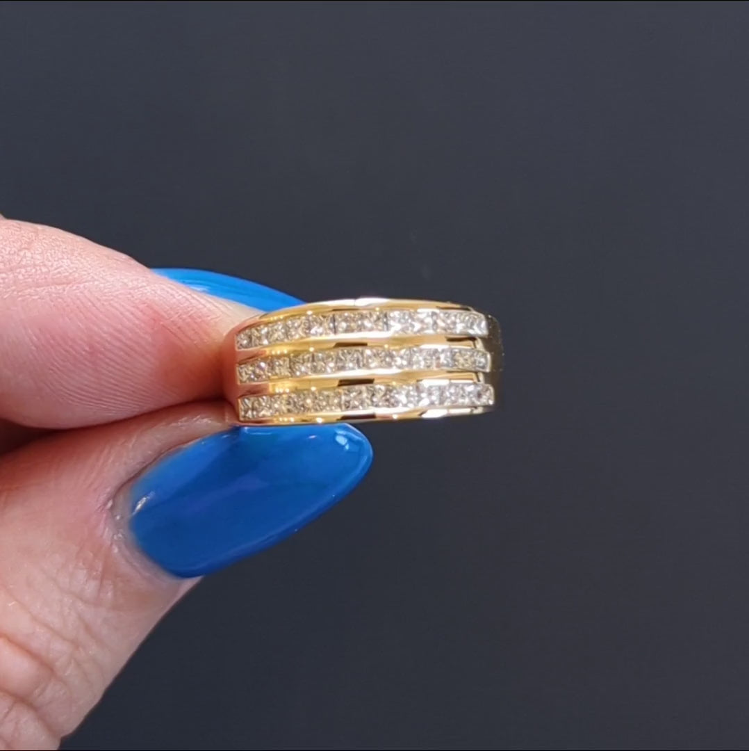 NATURAL DIAMOND COCKTAIL BAND WIDE 3 ROW RING PRINCESS CUT 1 CARAT YELLOW GOLD