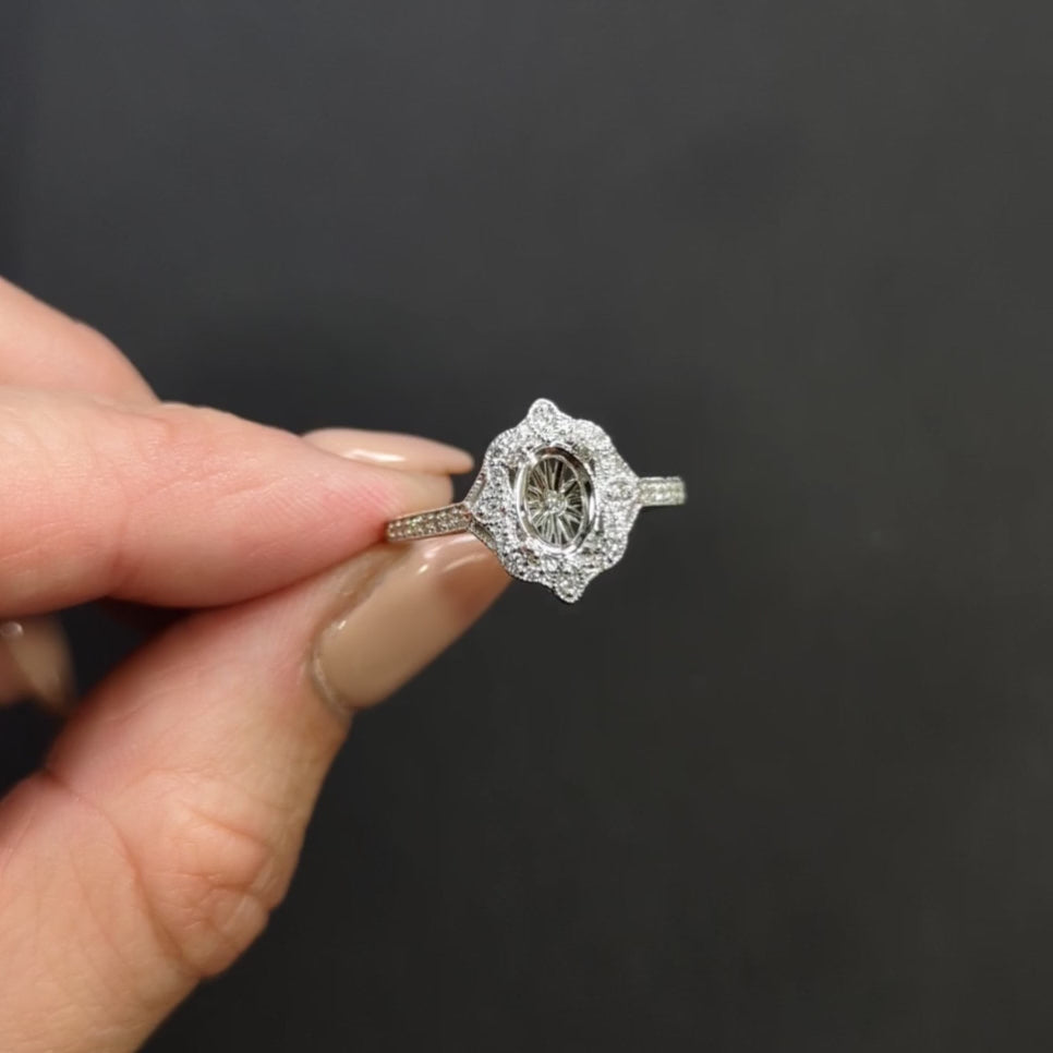 DIAMOND RING SETTING FOR 1ct OVAL SHAPE VINTAGE STYLE SCALLOPED HALO 14k MOUNT