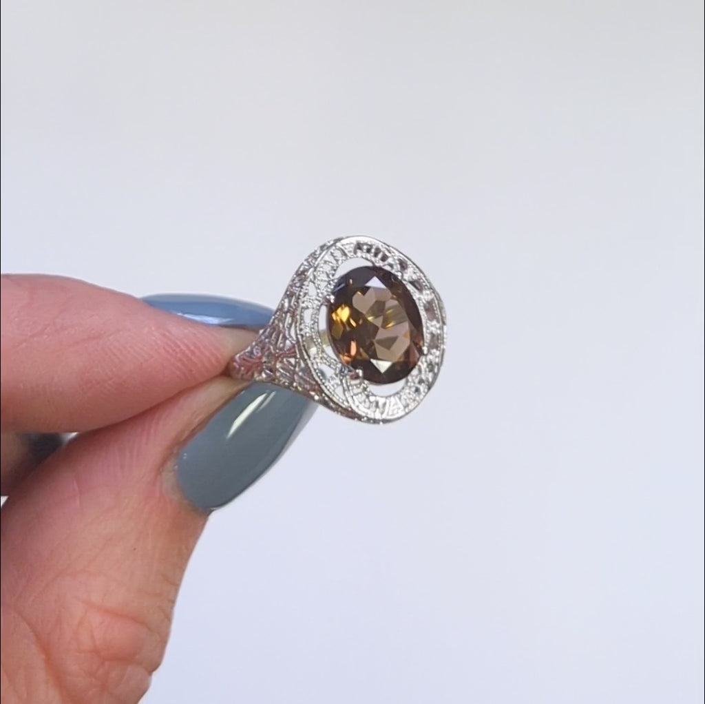 CITRINE STERLING SILVER RING VINTAGE STYLE OVAL CUT GEMSTONE FILIGREE SOLITAIRE