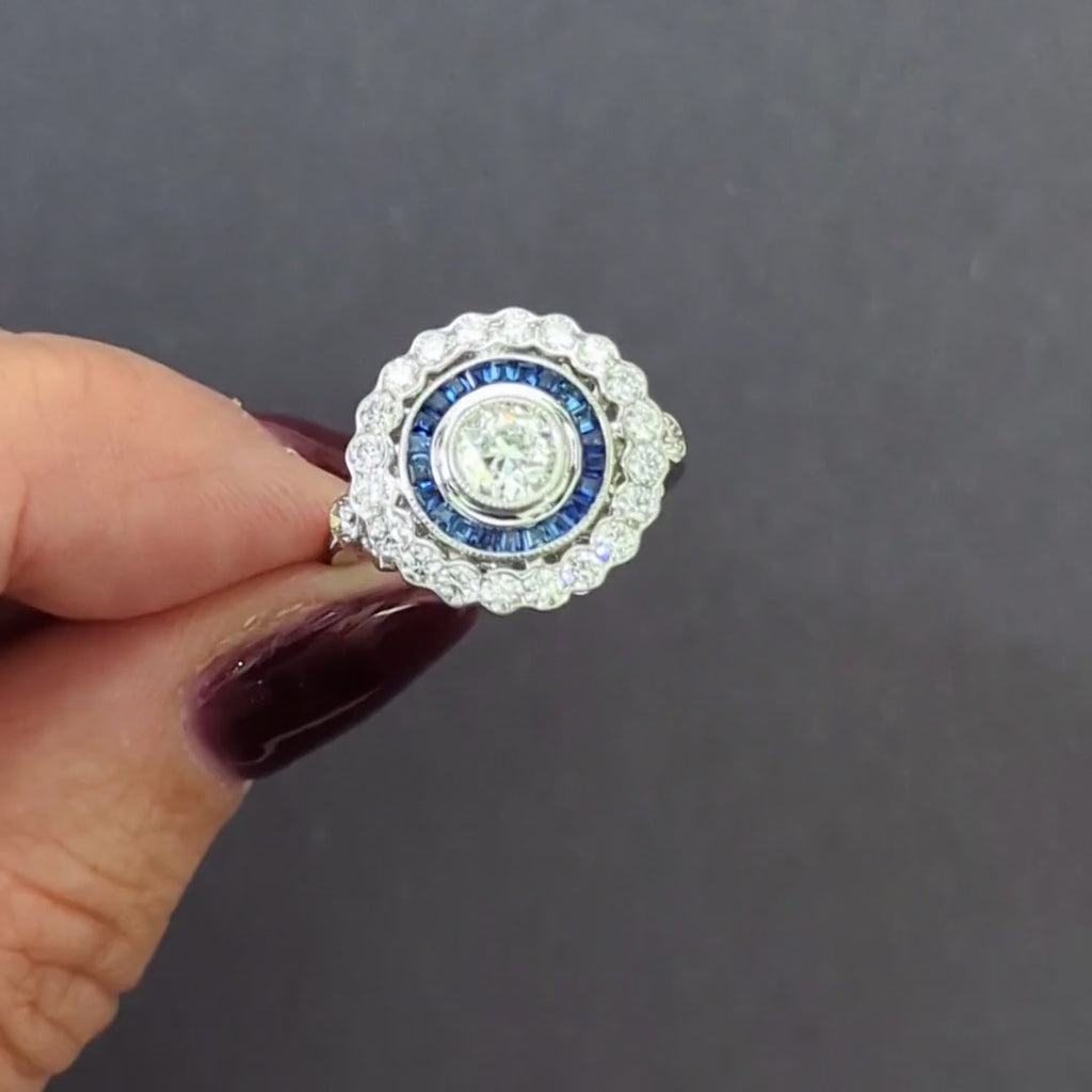 DIAMOND SAPPHIRE COCKTAIL RING DOUBLE SCALLOPED HALO TARGET WHITE GOLD NATURAL