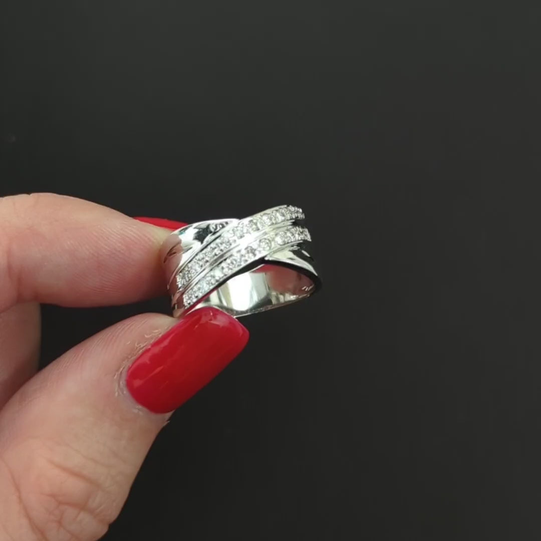DIAMOND COCKTAIL RING CRISS CROSS WIDE BAND NATURAL BIG 14k WHITE GOLD GIFT