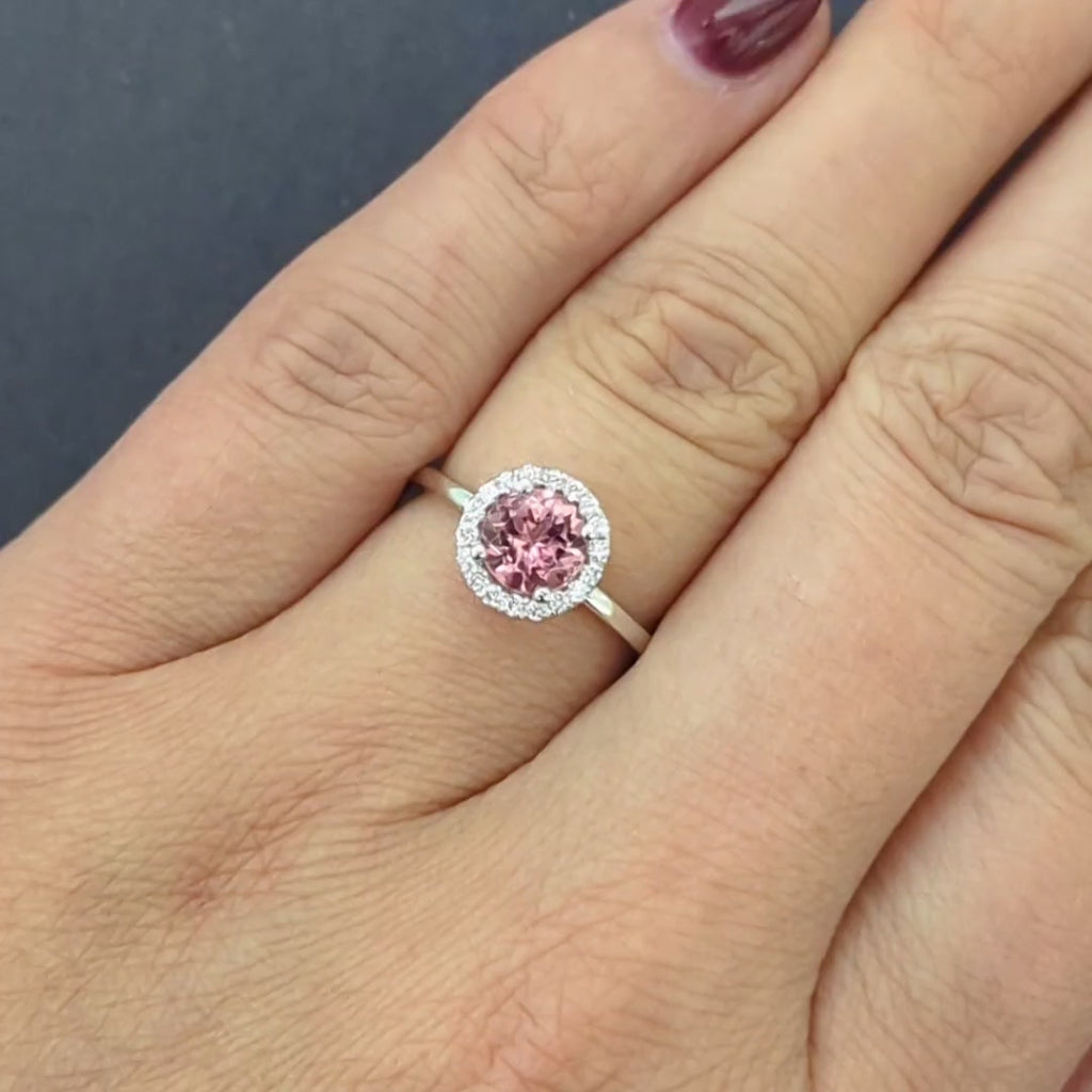 PINK TOURMALINE DIAMOND COCKTAIL RING HALO 14k WHITE GOLD NATURAL ROUND CUT 1ct