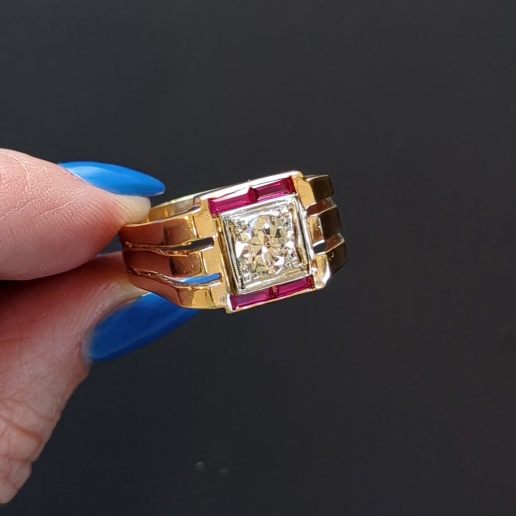 VINTAGE DIAMOND RUBY CHUNKY COCKTAIL RING MENS 14k YELLOW GOLD ART DECO OLD CUT