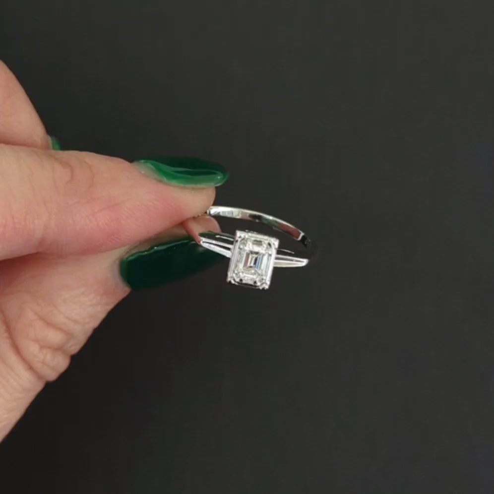 EMERALD CUT DIAMOND ENGAGEMENT RING 14k WHITE GOLD ILLUSION NATURAL SOLITAIRE