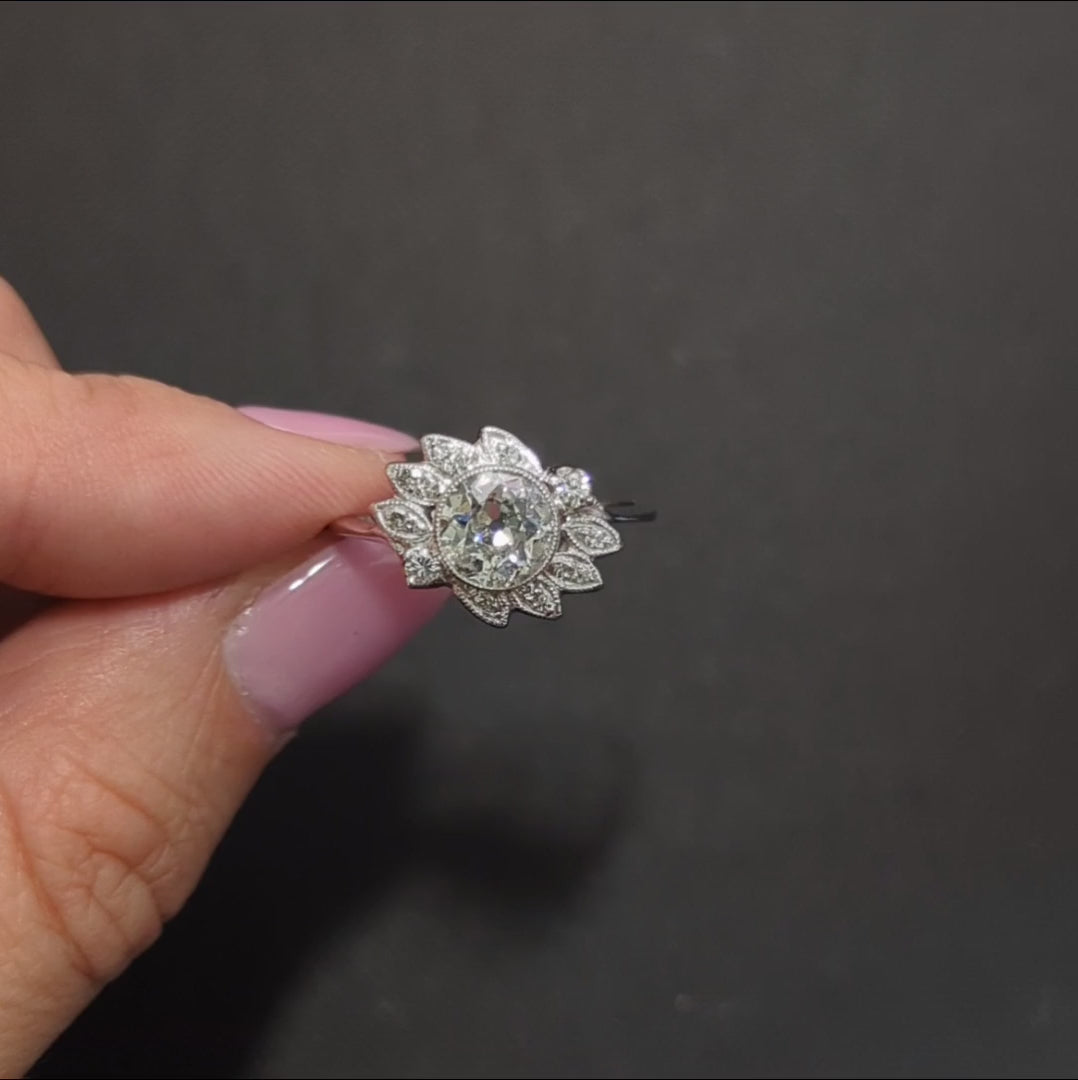 VINTAGE DIAMOND COCKTAIL RING 1.20ct OLD EUROPEAN CUT NATURAL RETRO WHITE GOLD