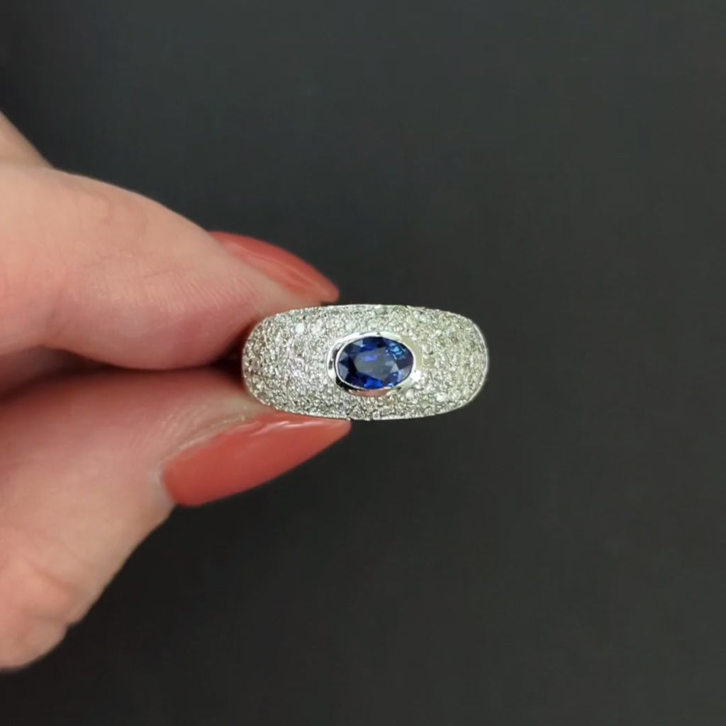 SAPPHIRE DIAMOND COCKTAIL RING WIDE DOME PAVE 14k WHITE GOLD NATURAL 1.55ctw