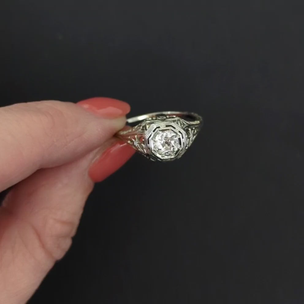 ART DECO DIAMOND ENGAGEMENT RING 0.60ct OLD EUROPEAN CUT 18k WHITE GOLD VINTAGE