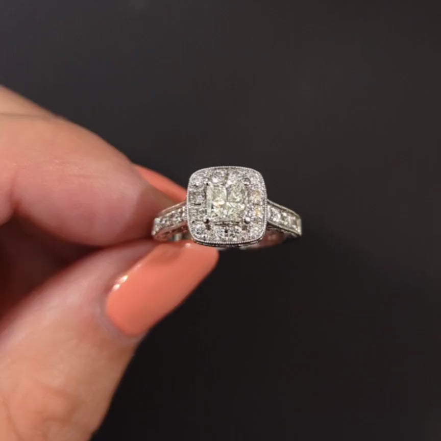 PRINCESS CUT DIAMOND ENGAGEMENT RING HALO VINTAGE STYLE 14k WHITE GOLD NATURAL