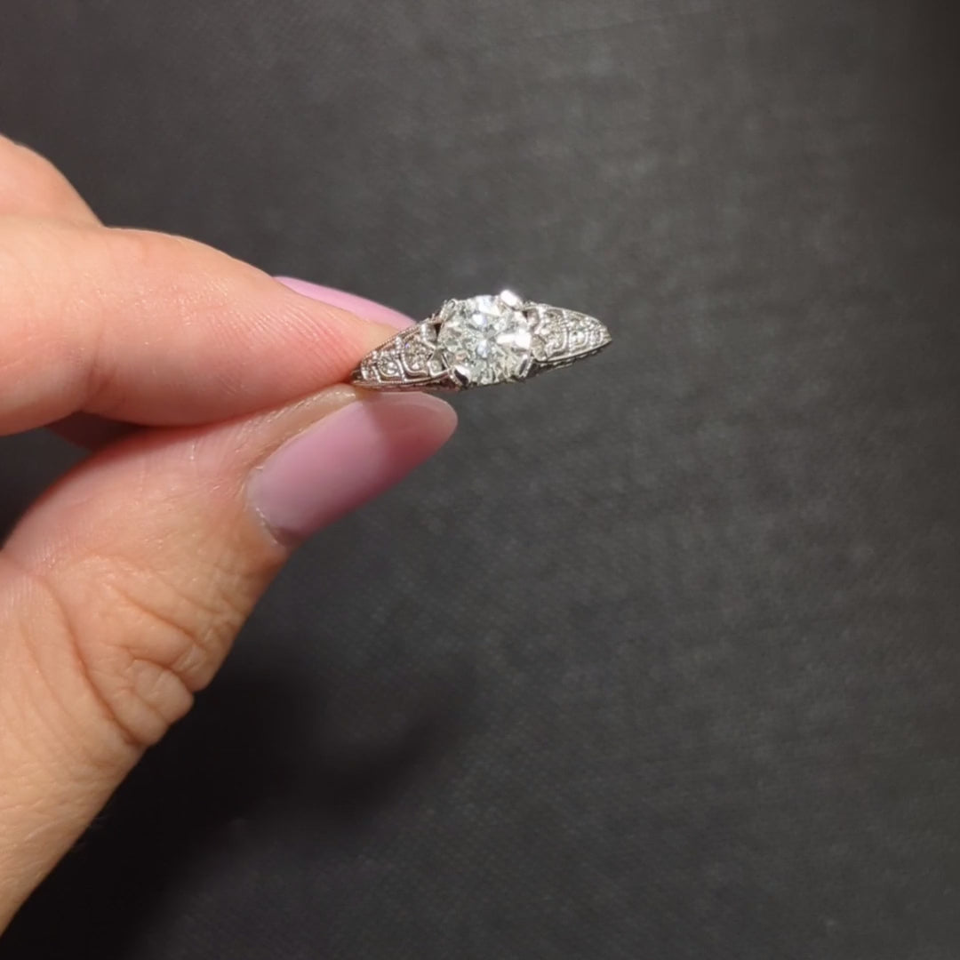 1 CARAT VINTAGE STYLE DIAMOND ENGAGEMENT RING E-F SI ROUND CUT 14k WHITE GOLD