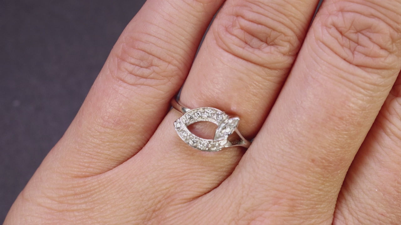 MID CENTURY VINTAGE DIAMOND COCKTAIL RING PLATINUM E-G VS MARQUISE ROUND NATURAL