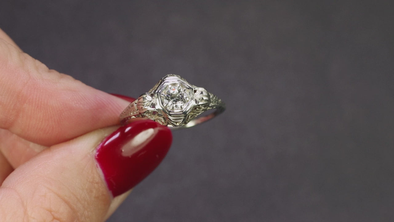ART DECO DIAMOND SOLITAIRE ENGAGEMENT RING OLD EUROPEAN CUT 18K FILIGREE VINTAGE