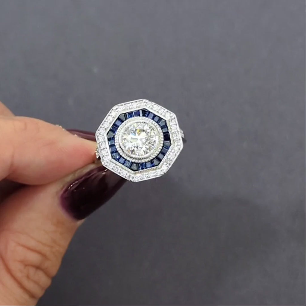 1.5 CARAT DIAMOND SAPPHIRE COCKTAIL RING VINTAGE STYLE TARGET CALIBRE ROUND CUT