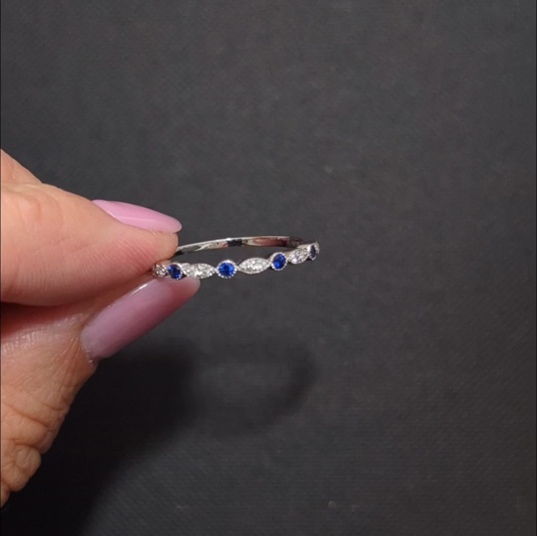 DIAMOND SAPPHIRE WEDDING RING STACKING BAND 10k WHITE GOLD VINTAGE STYLE DAINTY