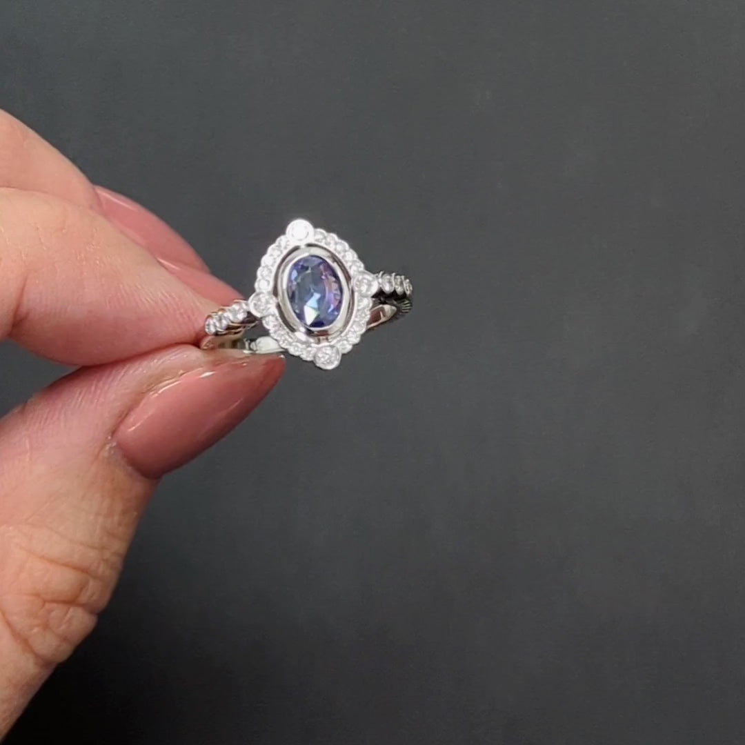 SAPPHIRE DIAMOND VINTAGE STYLE COCKTAIL RING PLATINUM ROSE CUT HALO NATURAL
