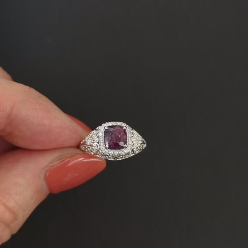 PURPLE SPINEL DIAMOND VINTAGE STYLE COCKTAIL RING HALO FILIGREE 14k WHITE GOLD