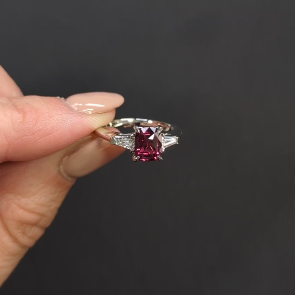 1.77ct RUBY DIAMOND ENGAGEMENT RING PLATINUM GIA CERTIFIED 3 STONE CUSHION SHAPE