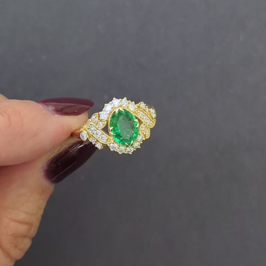 1.47ctw EMERALD DIAMOND VINTAGE STYLE COCKTAIL RING 10k OVAL ENGAGEMENT NATURAL