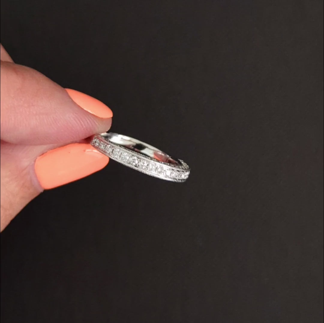 0.65ct NATURAL DIAMOND WEDDING BAND STACKING RING 3 SIDE PAVE 18k WHITE GOLD