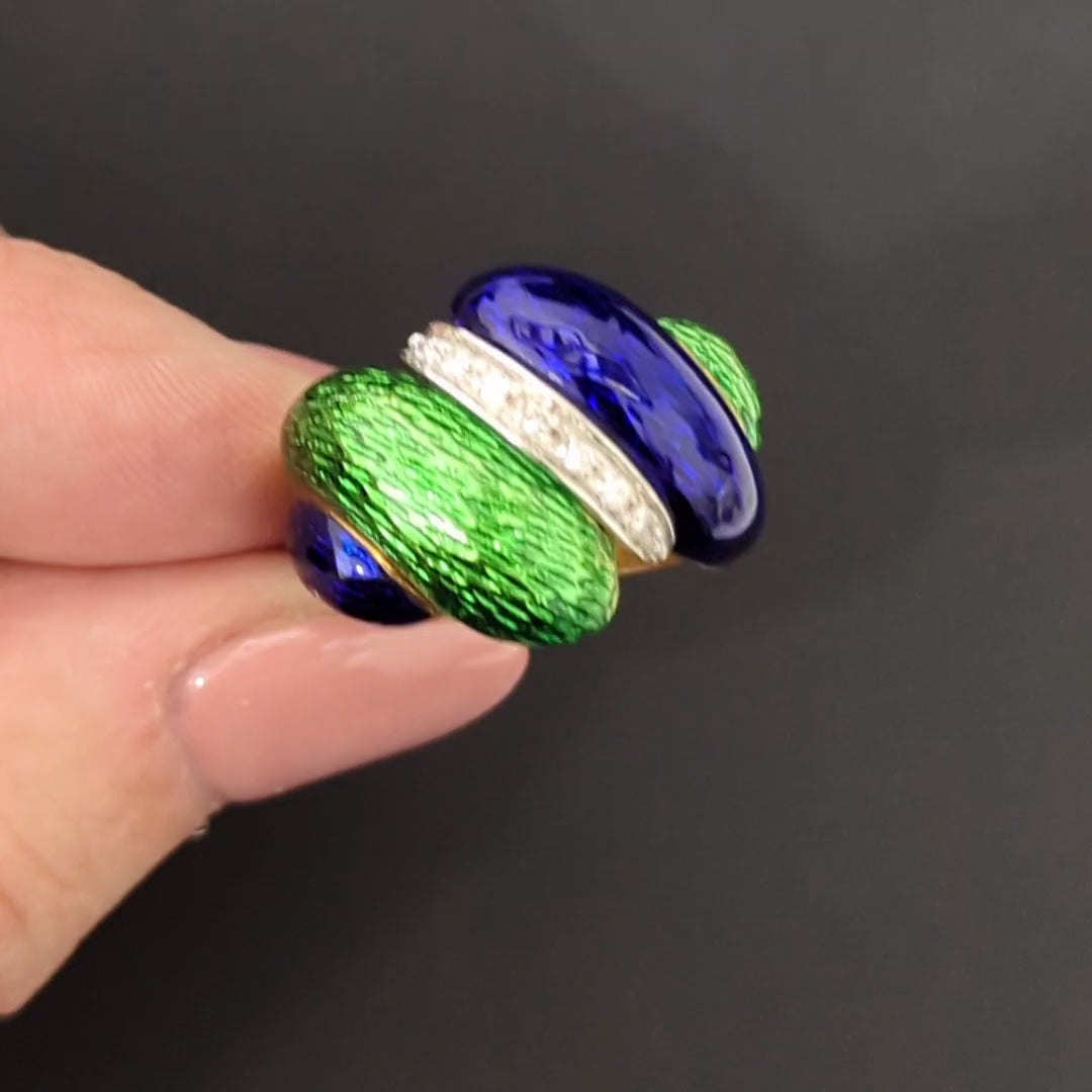 VINTAGE DIAMOND ENAMEL 18k YELLOW GOLD RING 8gm BIG DOMED COCKTAIL GREEN BLUE