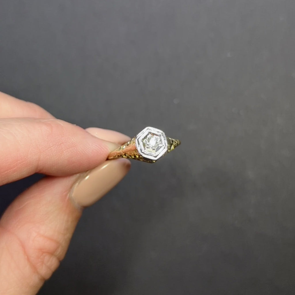 ART DECO DIAMOND SOLITAIRE RING OLD EUROPEAN CUT 14k TWO TONE WHITE YELLOW GOLD