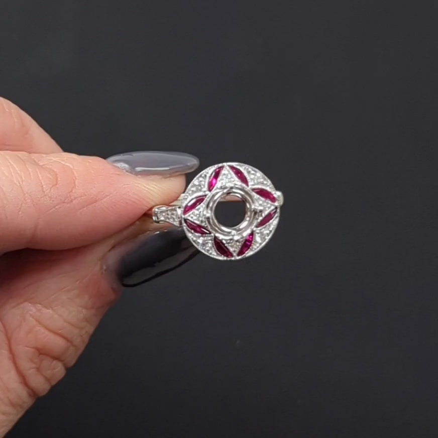 RUBY DIAMOND RING SETTING ART DECO VINTAGE STYLE HALO 14k WHITE GOLD 6.5mm ROUND