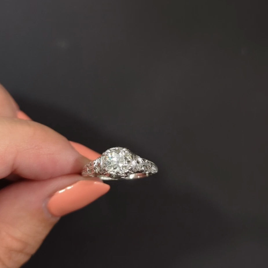 1.26ct VINTAGE DIAMOND ENGAGEMENT RING ART DECO OLD EUROPEAN CUT 18k WHITE GOLD