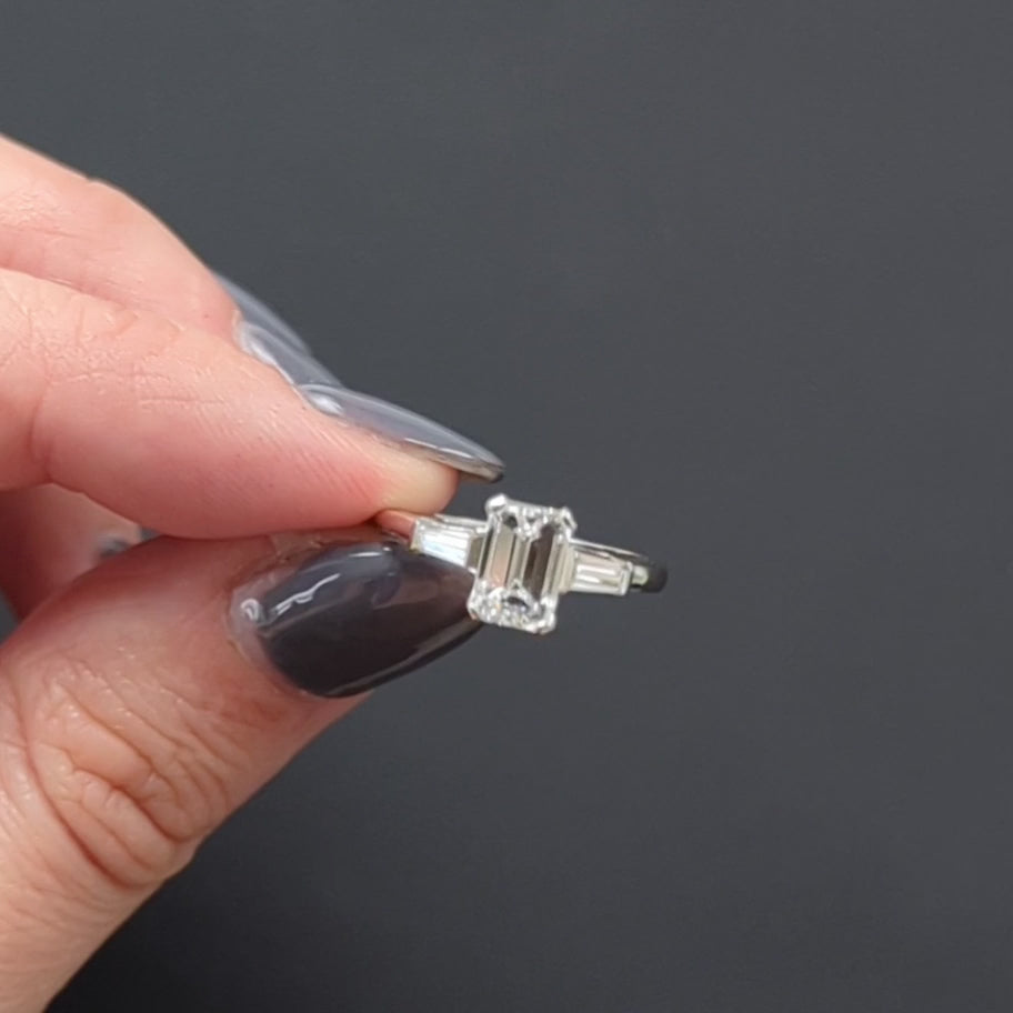 VINTAGE EMERALD CUT DIAMOND ENGAGEMENT RING 3 STONE PLATINUM 1.26c F VS2 CLASSIC