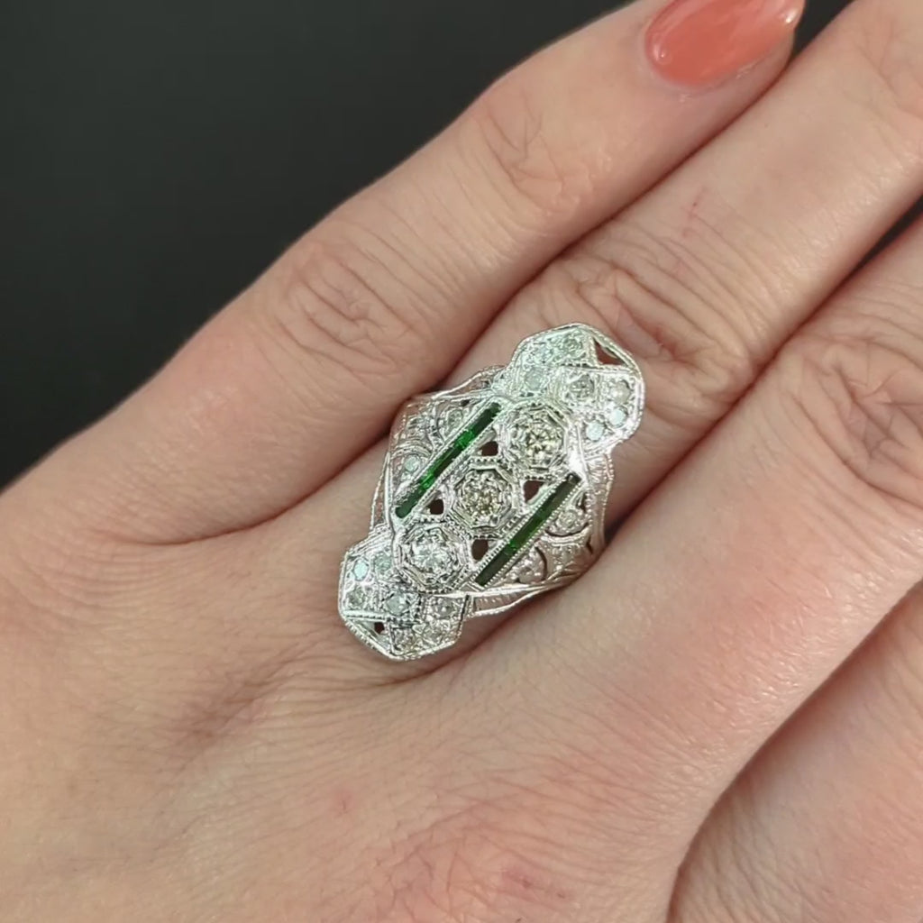 VINTAGE DIAMOND EMERALD COCKTAIL RING ART DECO GEOMETRIC STATEMENT WHITE GOLD